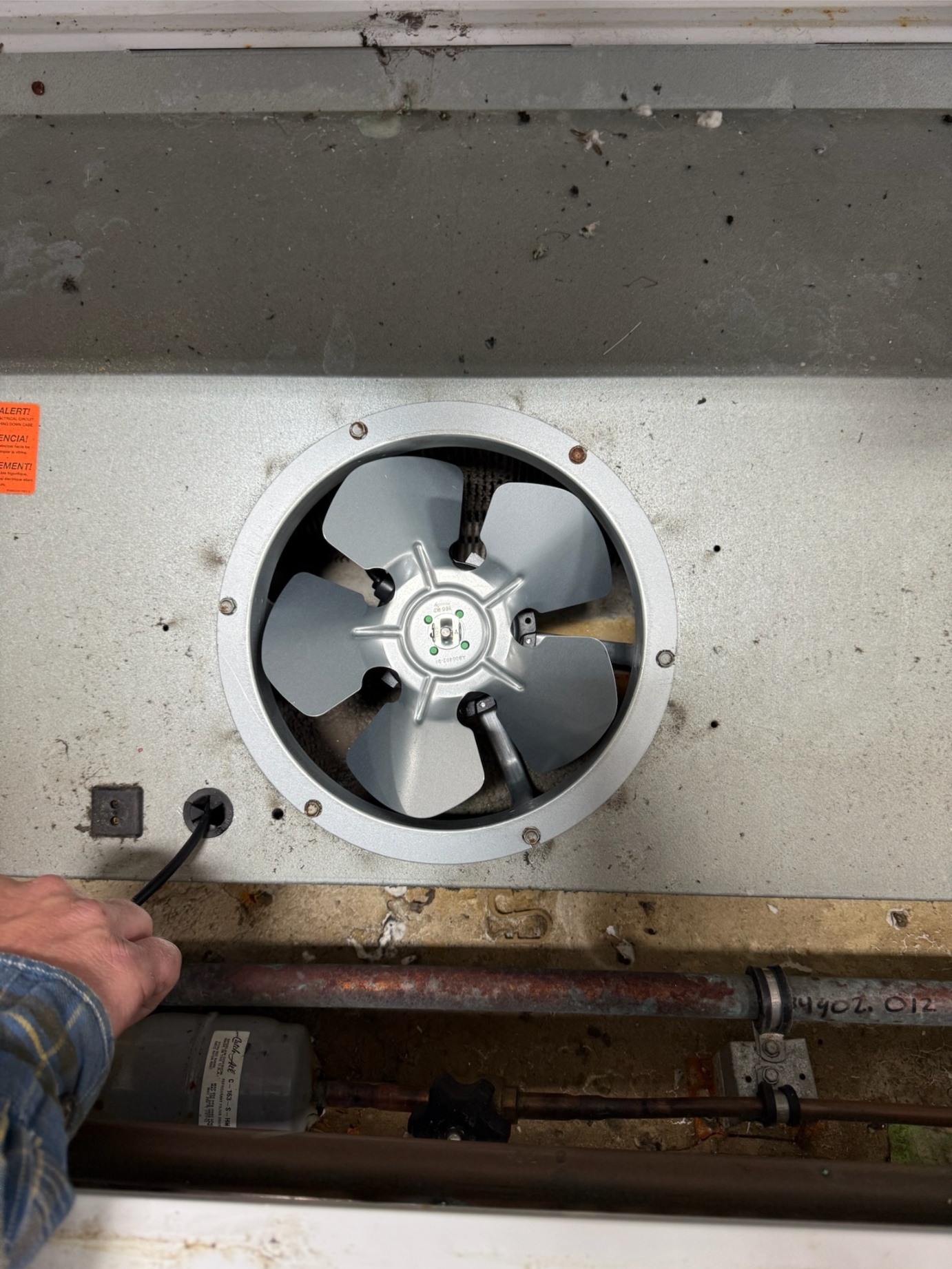 Rock Hard technician inspecting condenser fan motor on evaporator unit