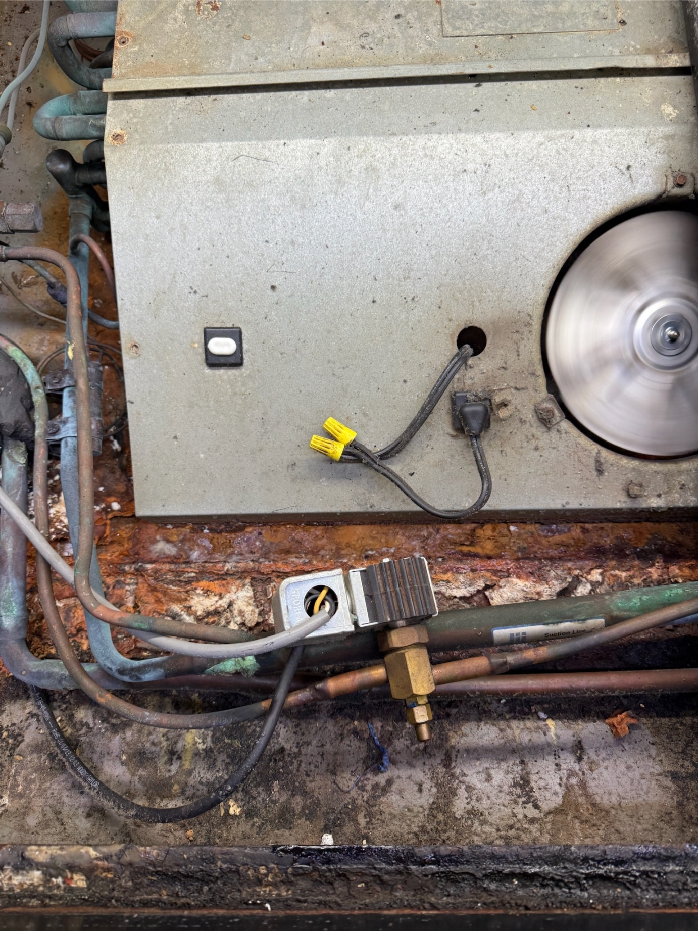Rock Hard technician at condensing unit service valve — brewery and bar refrigeration system service North Texas
